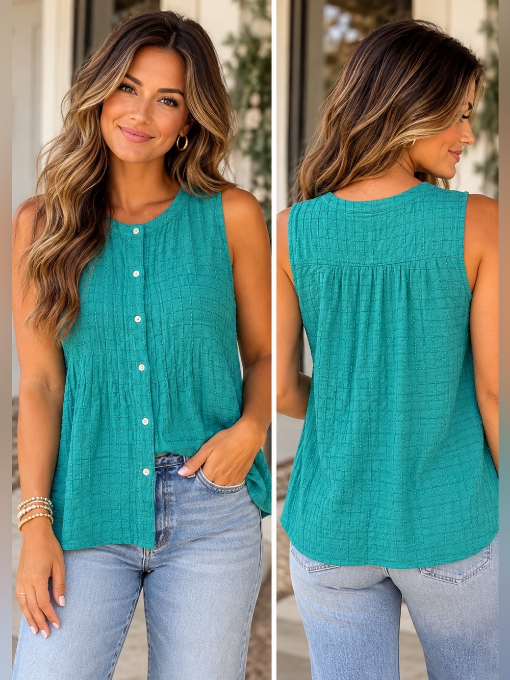 LOFT Pintuck Pleated Grid Textured Sleeveless Button Front Blouse Size Large